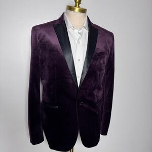 Express Tuxedo Blazer Mens 42R Purple Solid Velvet Slim Fit Peak Lapel Side Vent